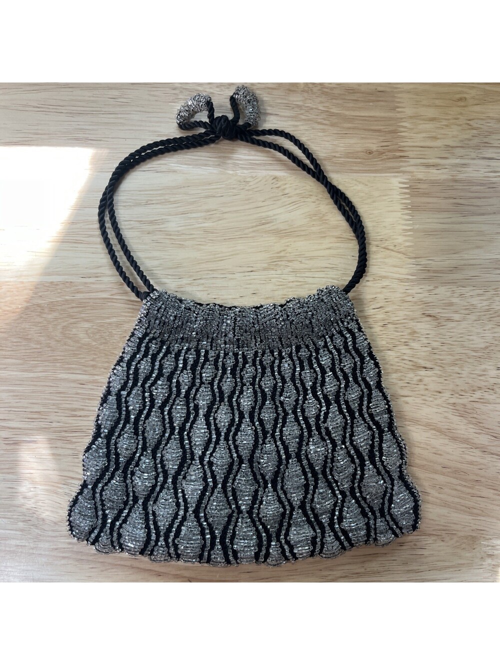 Vintage Art Deco Flapper Beaded Drawstring Purse black & silver 1920s Pouch Bag